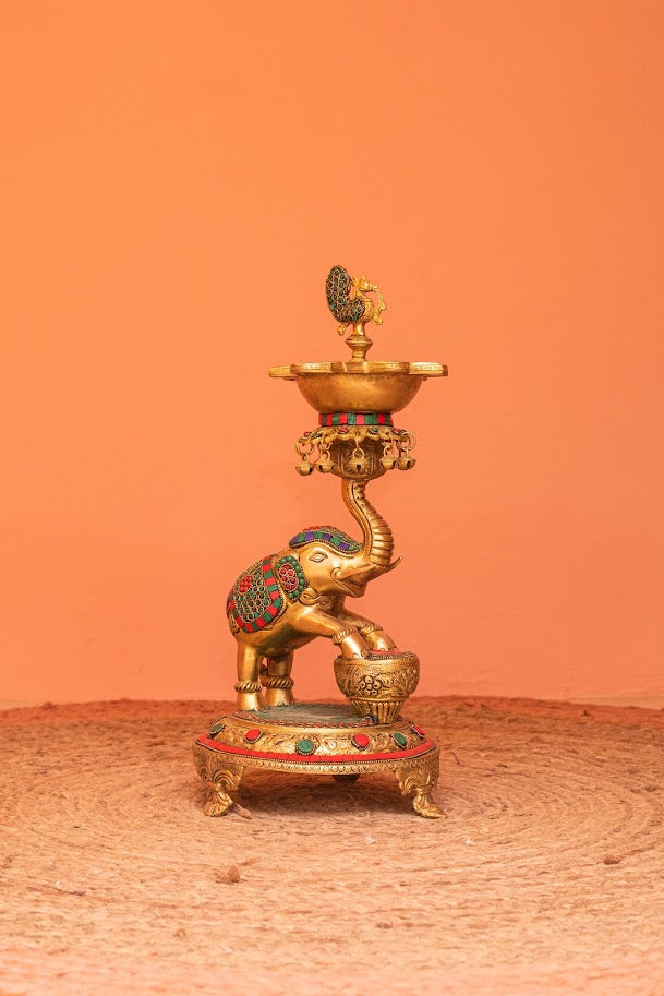 ELEPHANT BRASS STONEWORK DIYA LAMP