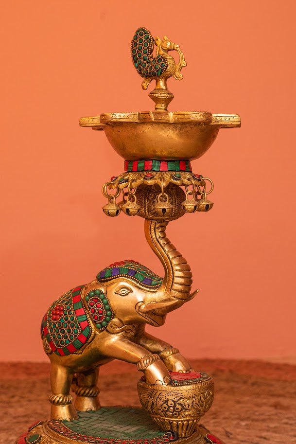 ELEPHANT BRASS STONEWORK DIYA LAMP