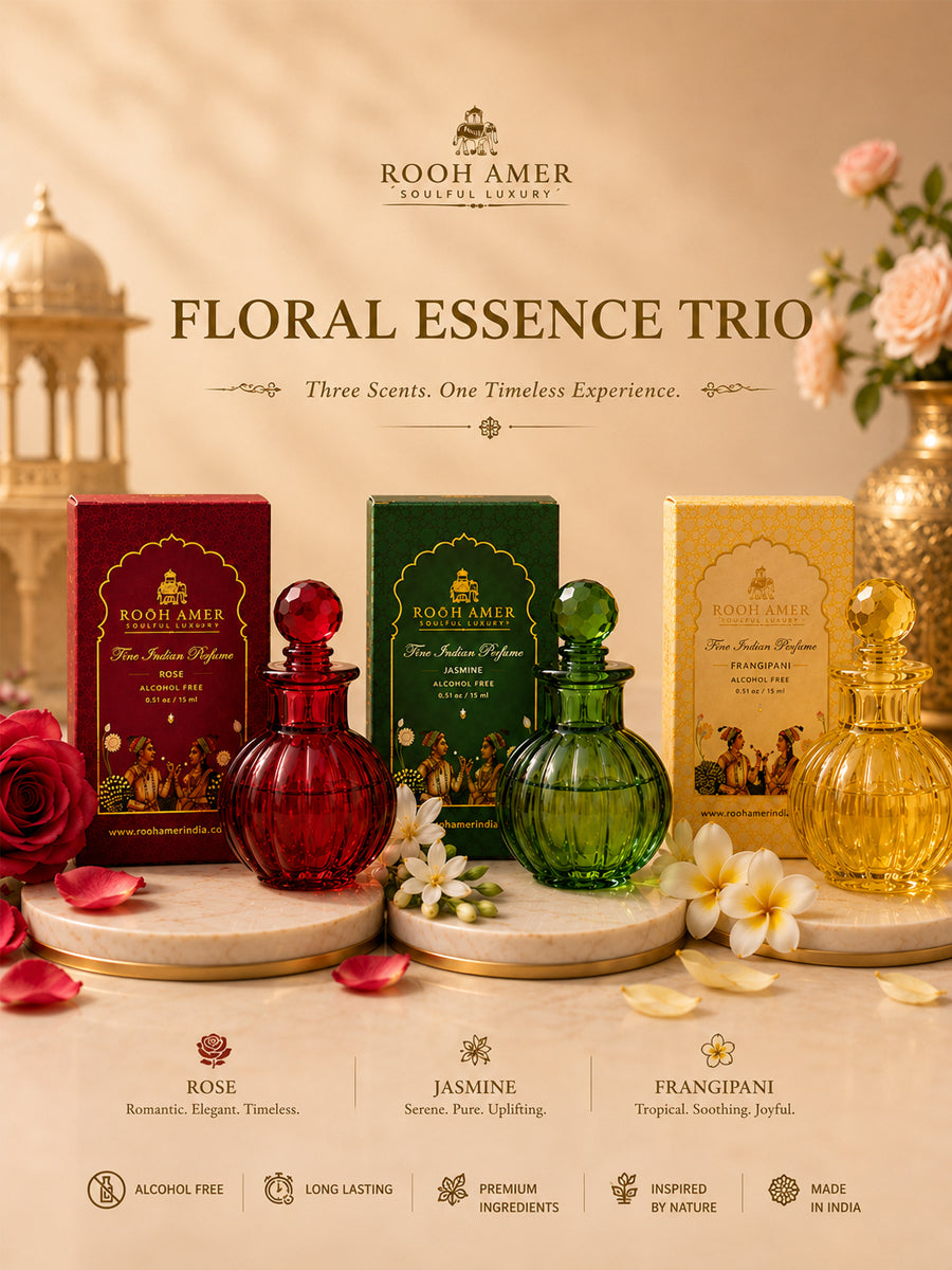 Floral Essence Trio Perfume Gift Set | Rose, Jasmine & Frangipani | Alcohol-Free Fine Indian Perfumes | Rooh Amer