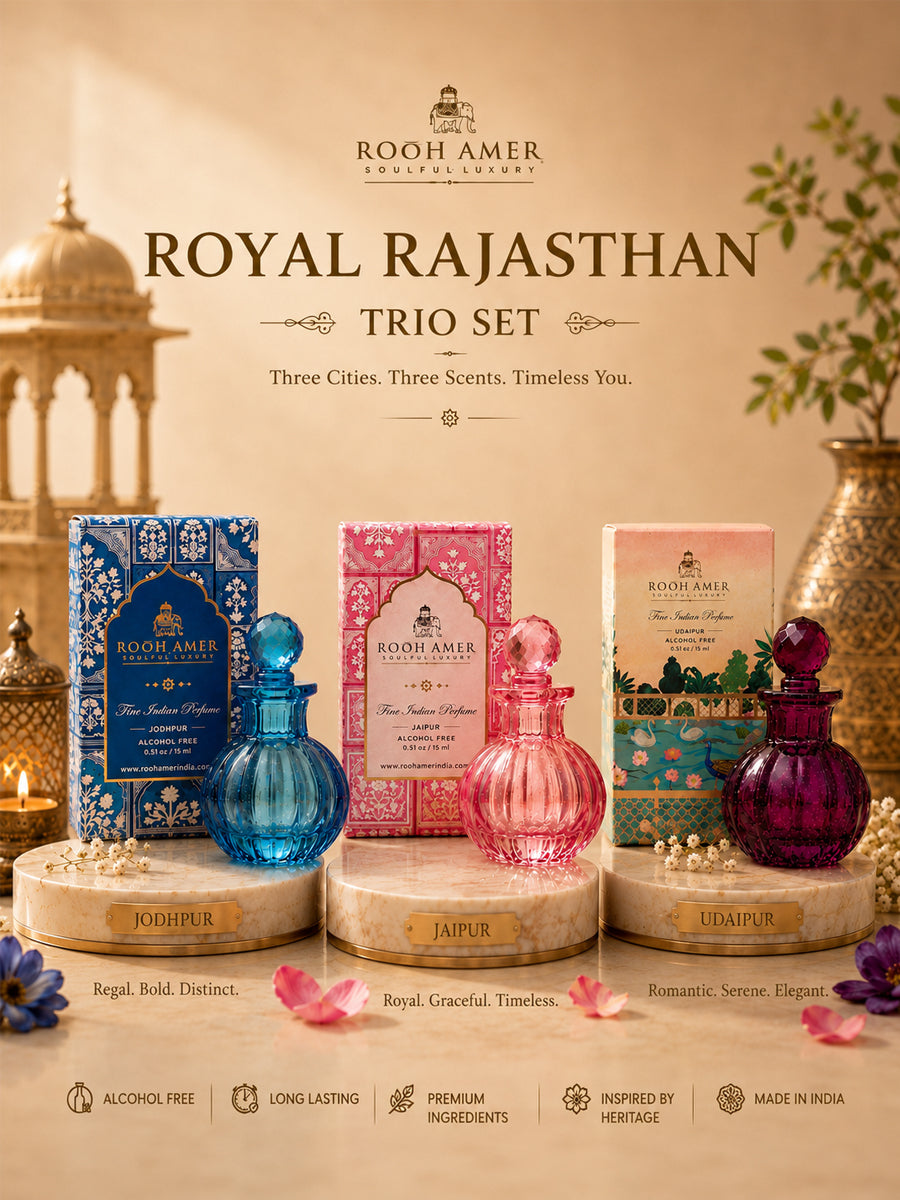 Royal Rajasthan Perfume Trio Set | Jaipur, Jodhpur & Udaipur | Alcohol-Free Fine Indian Perfumes | Rooh Amer