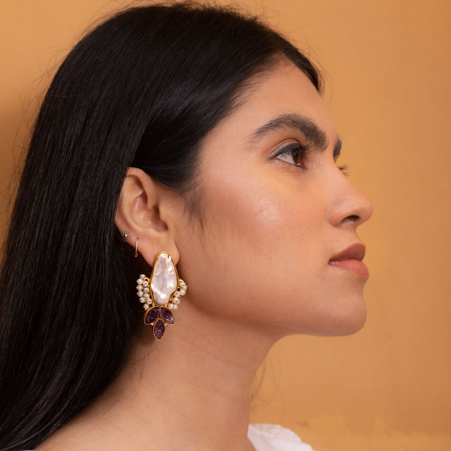 Asiya Pearls Brass Floral Stud Earring