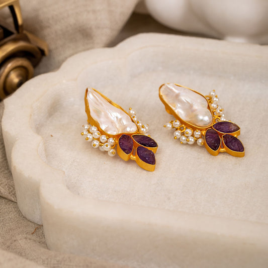 Asiya Pearls Brass Floral Stud Earring