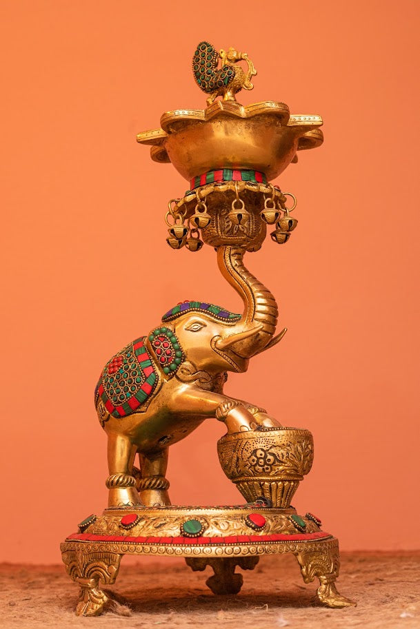 ELEPHANT BRASS STONEWORK DIYA LAMP