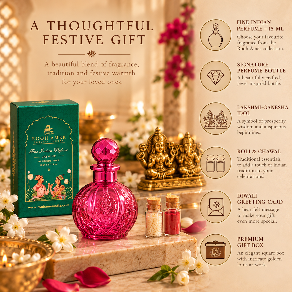Royal Heritage Diwali Gift Hamper – Fine Indian Perfume, Incense & Brass Décor | Rooh Amer