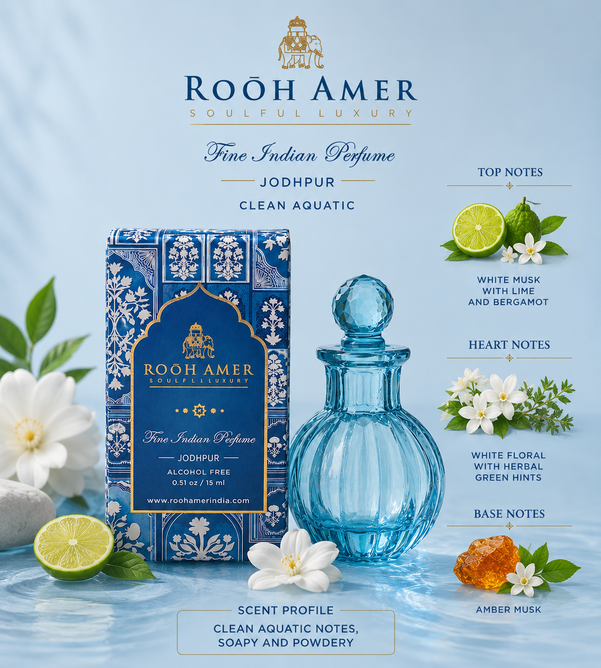 Jodhpur (Adonis) - Fine Indian Perfume - Aquatic - 15 ml -Rooh Amer