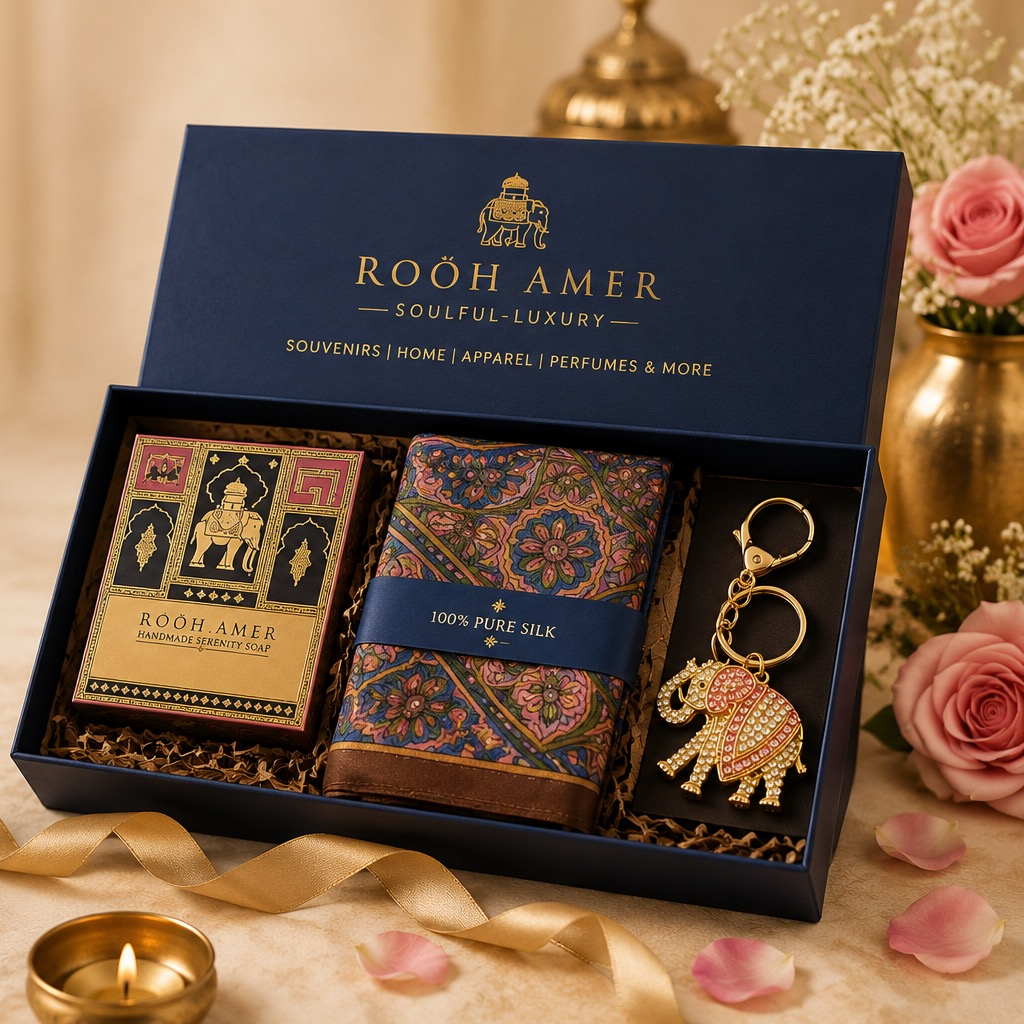 Luxury Gift Hamper for Her — 100% Silk Scarf, Handmade Serenity Soap & Elephant Keychain | Rooh Amer
