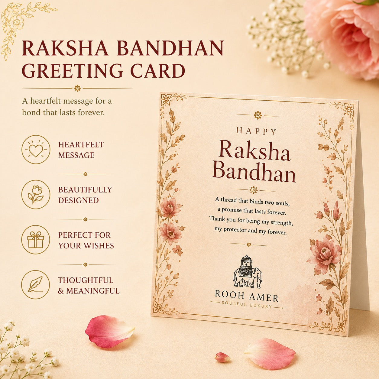 Raksha Bandhan Gift Hamper for Brother — Alcohol-Free Fine Indian Perfume, Premium Rakhi, Roli-Chawal & Greeting Card by Rooh Amer