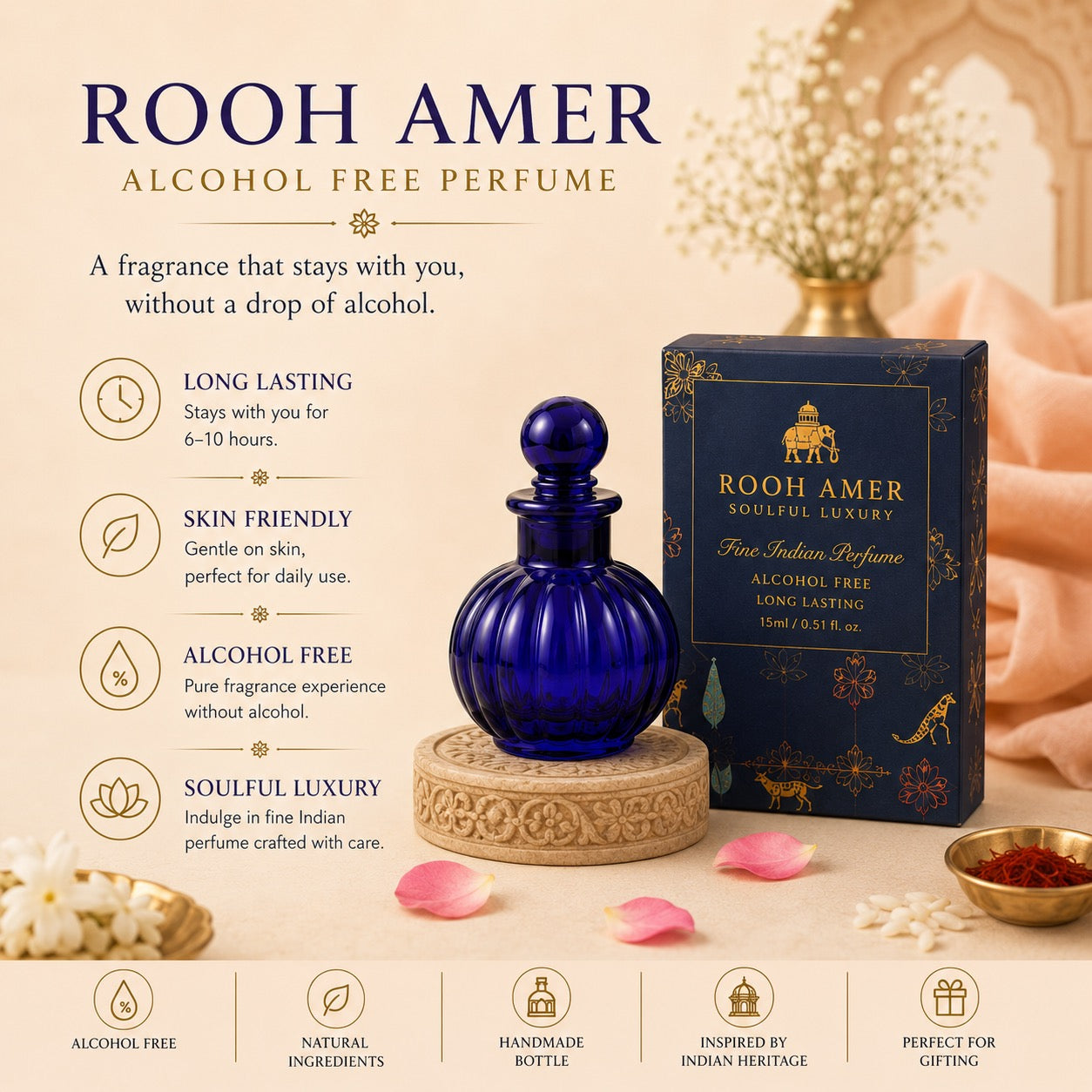 Raksha Bandhan Gift Hamper for Brother — Alcohol-Free Fine Indian Perfume, Premium Rakhi, Roli-Chawal & Greeting Card by Rooh Amer