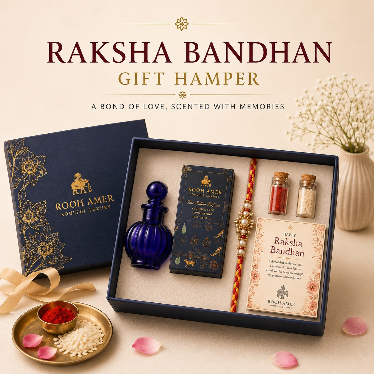 Raksha Bandhan Gift Hamper for Brother — Alcohol-Free Fine Indian Perfume, Premium Rakhi, Roli-Chawal & Greeting Card by Rooh Amer