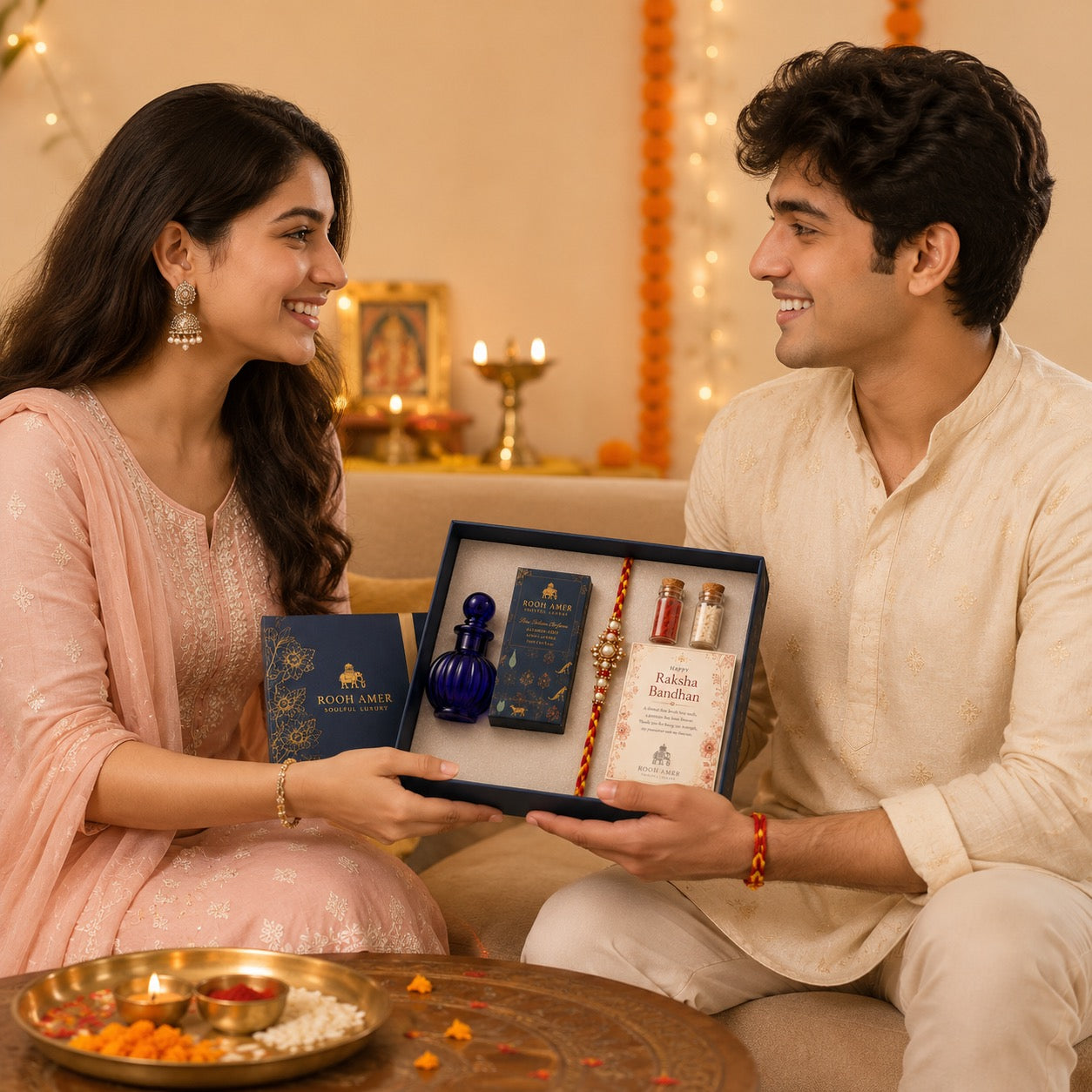 Raksha Bandhan Gift Hamper for Brother — Alcohol-Free Fine Indian Perfume, Premium Rakhi, Roli-Chawal & Greeting Card by Rooh Amer
