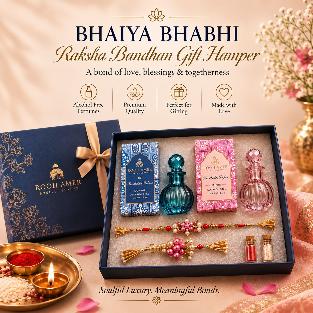 Raksha Bandhan Gift Hamper for Bhaiya Bhabhi — 2 Alcohol-Free Fine Indian Perfumes (15ml Each), Bhaiya-Bhabhi Rakhi & Roli-Chawal | Rooh Amer