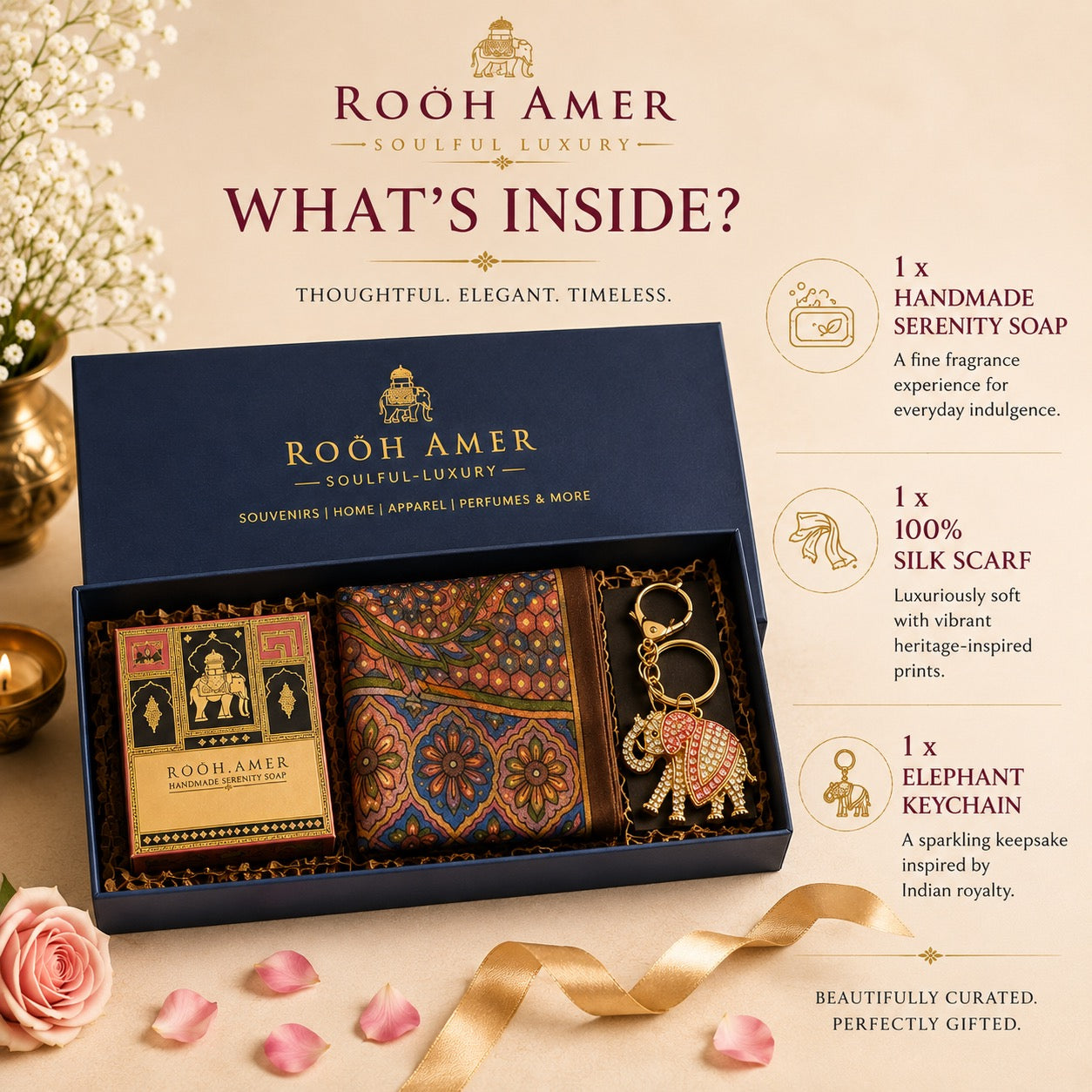 Luxury Gift Hamper for Her — 100% Silk Scarf, Handmade Serenity Soap & Elephant Keychain | Rooh Amer