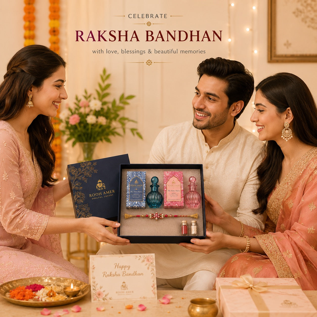 Raksha Bandhan Gift Hamper for Bhaiya Bhabhi — 2 Alcohol-Free Fine Indian Perfumes (15ml Each), Bhaiya-Bhabhi Rakhi & Roli-Chawal | Rooh Amer