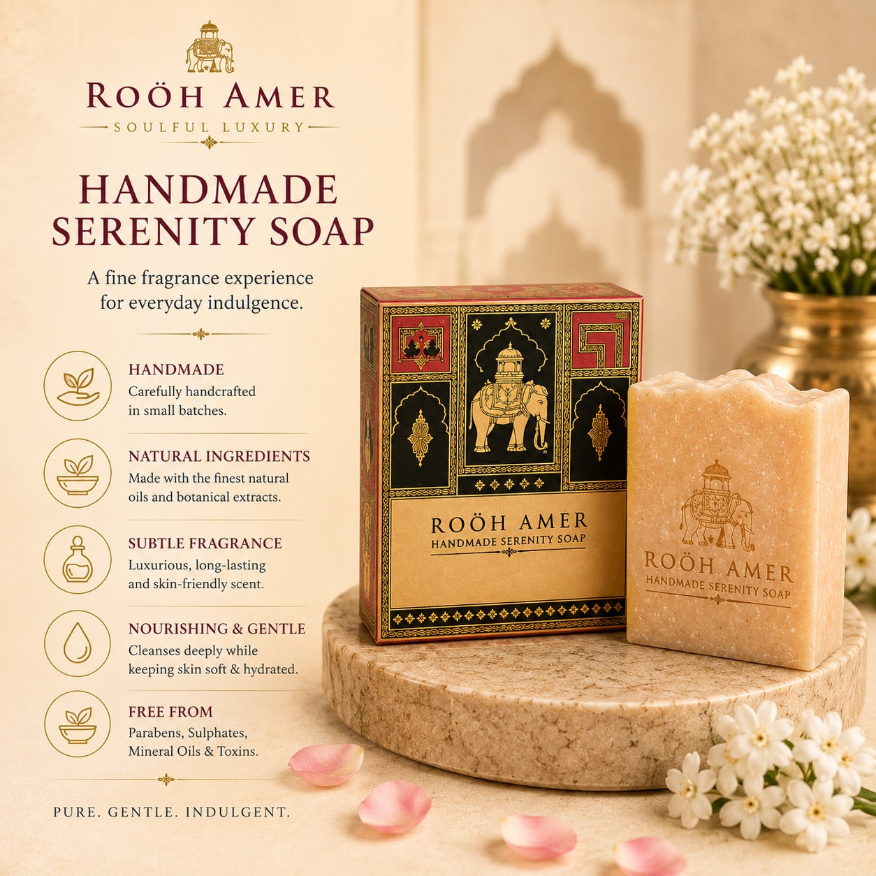 Luxury Gift Hamper for Her — 100% Silk Scarf, Handmade Serenity Soap & Elephant Keychain | Rooh Amer