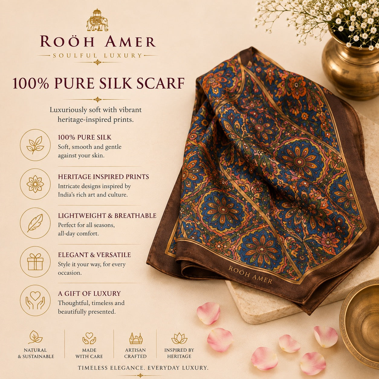Luxury Gift Hamper for Her — 100% Silk Scarf, Handmade Serenity Soap & Elephant Keychain | Rooh Amer