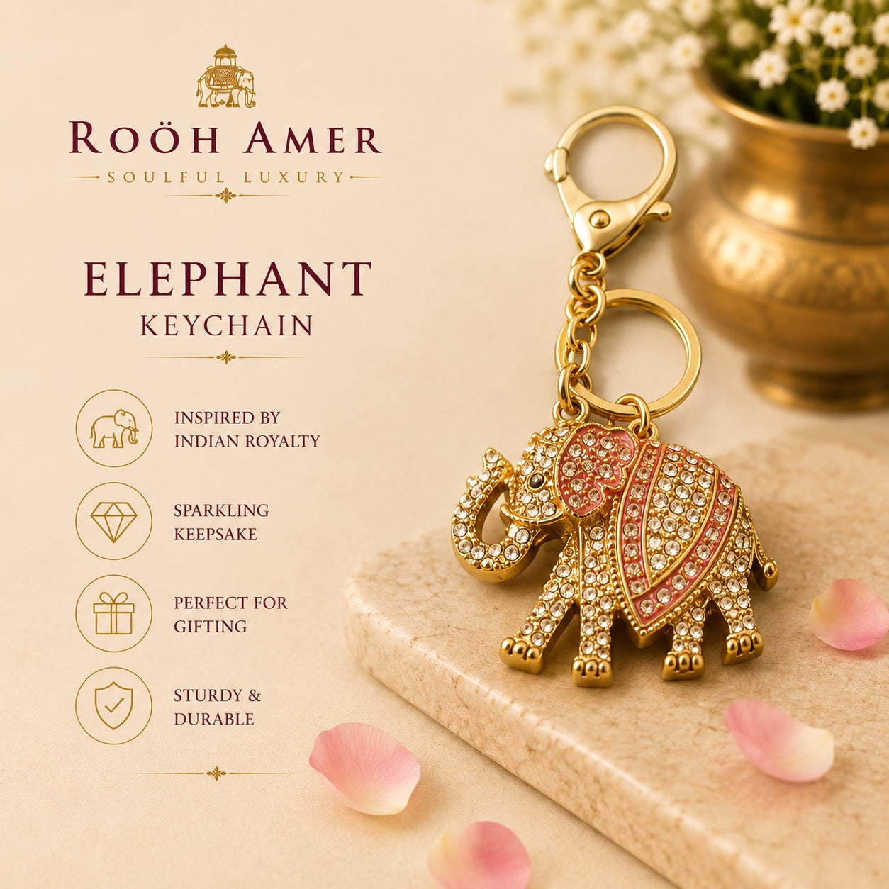 Luxury Gift Hamper for Her — 100% Silk Scarf, Handmade Serenity Soap & Elephant Keychain | Rooh Amer