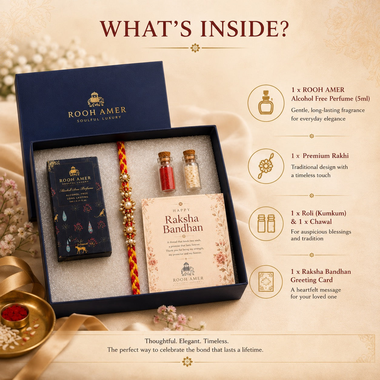Raksha Bandhan Gift Hamper for Brother — Alcohol-Free Fine Indian Perfume, Premium Rakhi, Roli-Chawal & Greeting Card by Rooh Amer