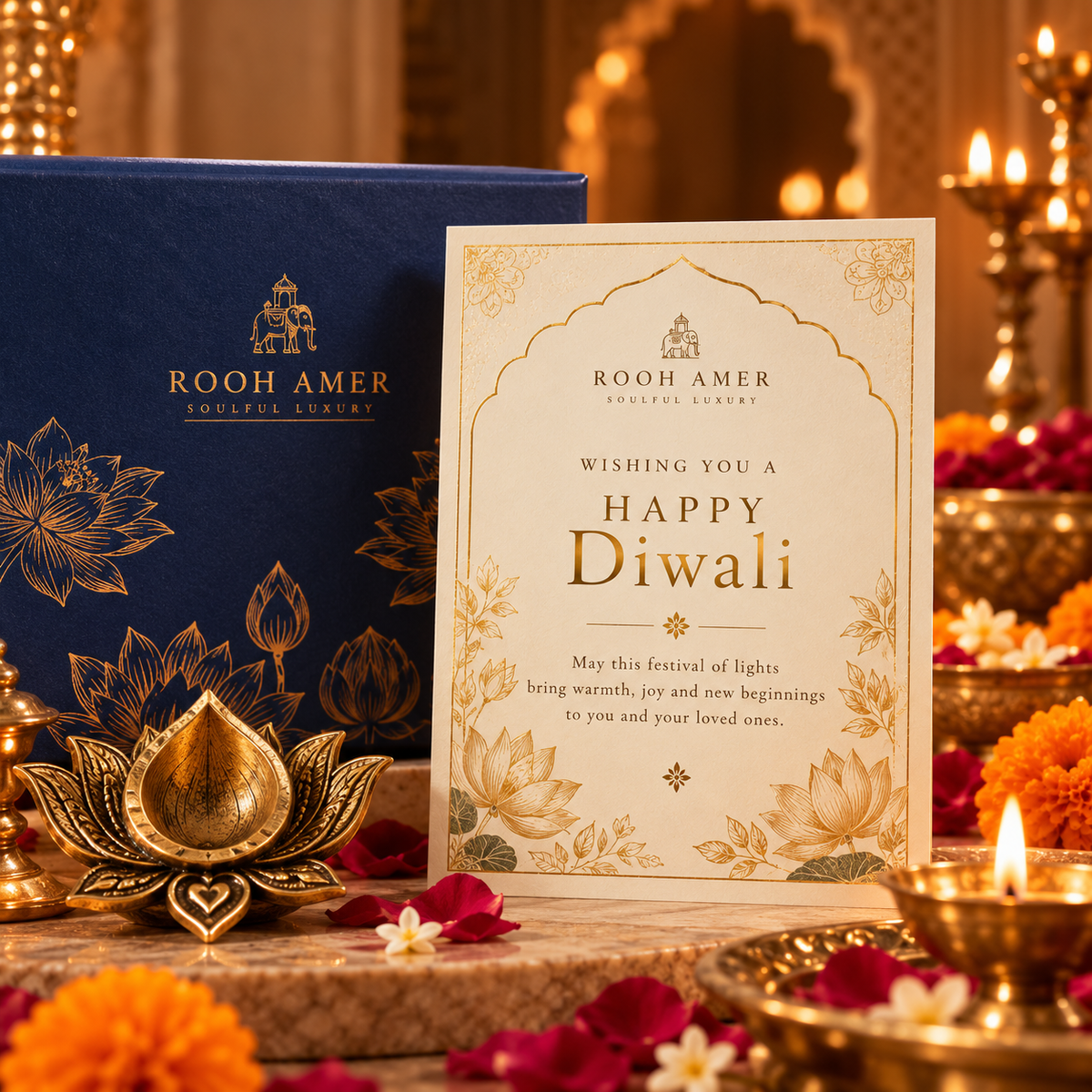 Shubh Luxury Diwali Gift Hamper with Fine Indian Perfume & 100% Brass Diya | Rooh Amer