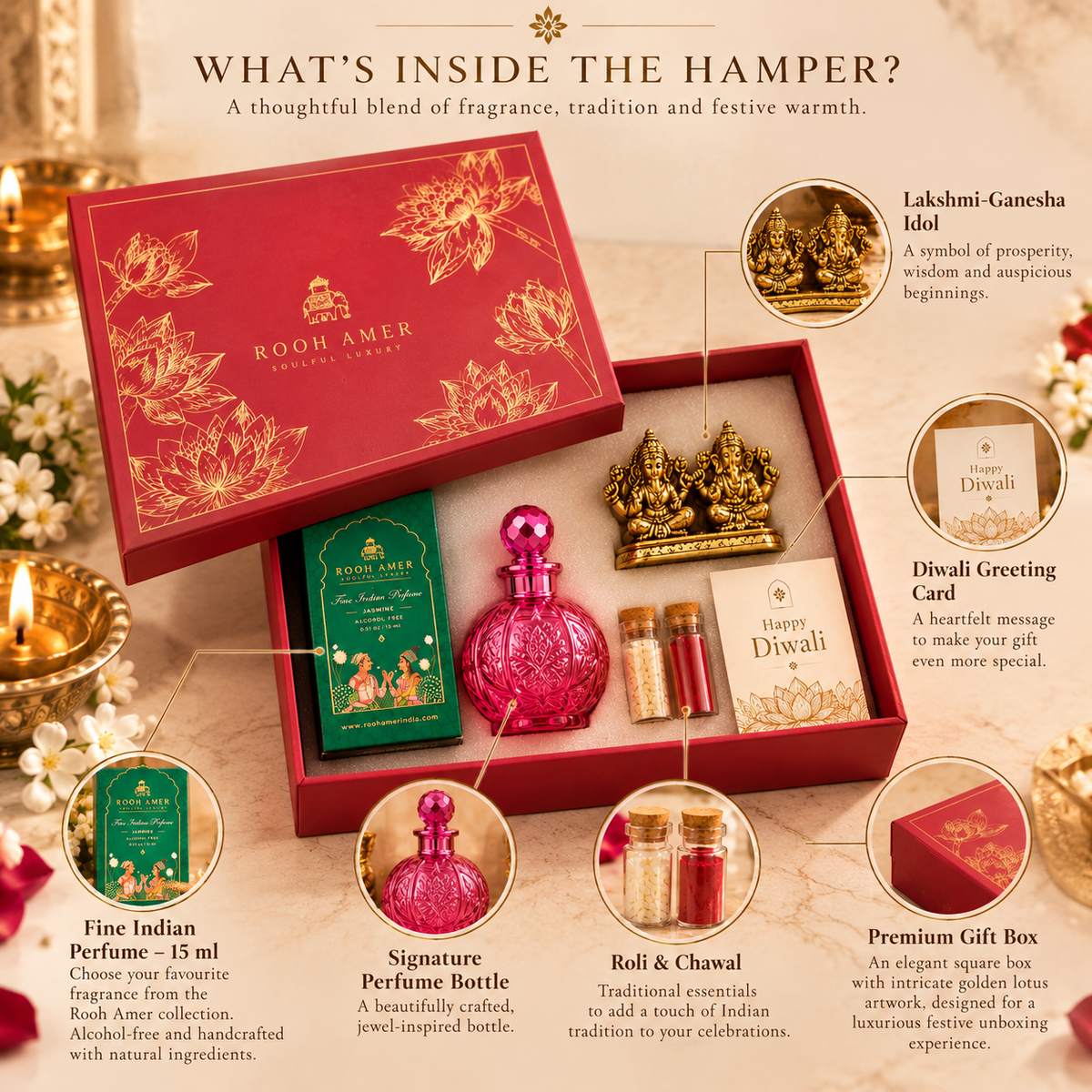 Noor Heritage Diwali Gift Hamper with Fine Indian Perfume & Lakshmi-Ganesha Idol | Rooh Amer