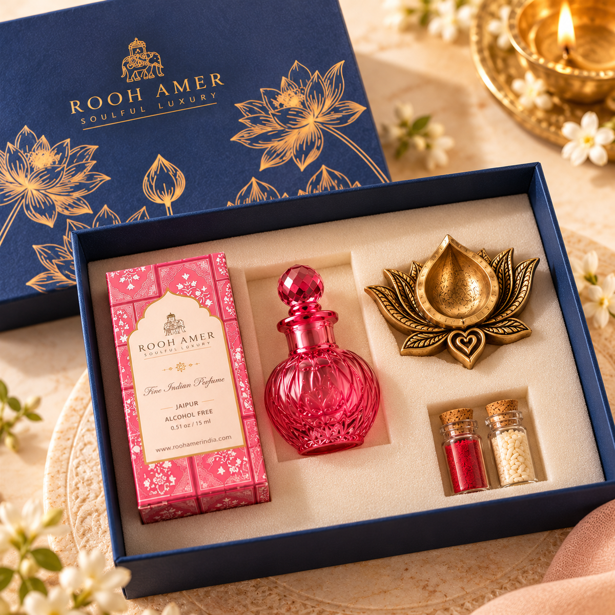 Shubh Deep Diwali Gift Hamper with Fine Indian Perfume & Brass Lotus Diya | Rooh Amer