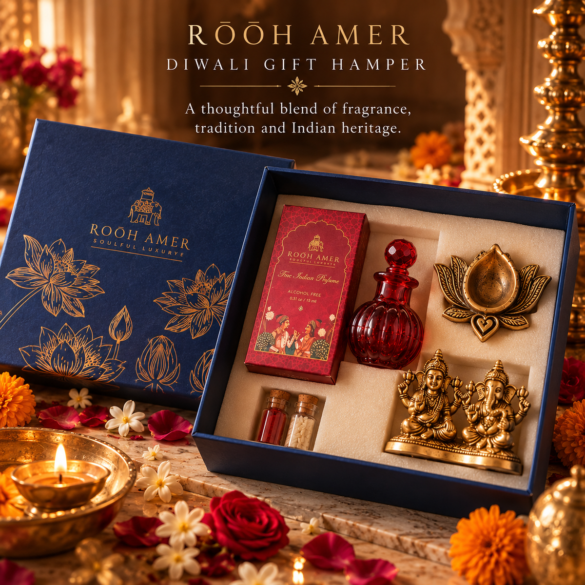 Shubh Luxury Diwali Gift Hamper with Fine Indian Perfume & 100% Brass Diya | Rooh Amer