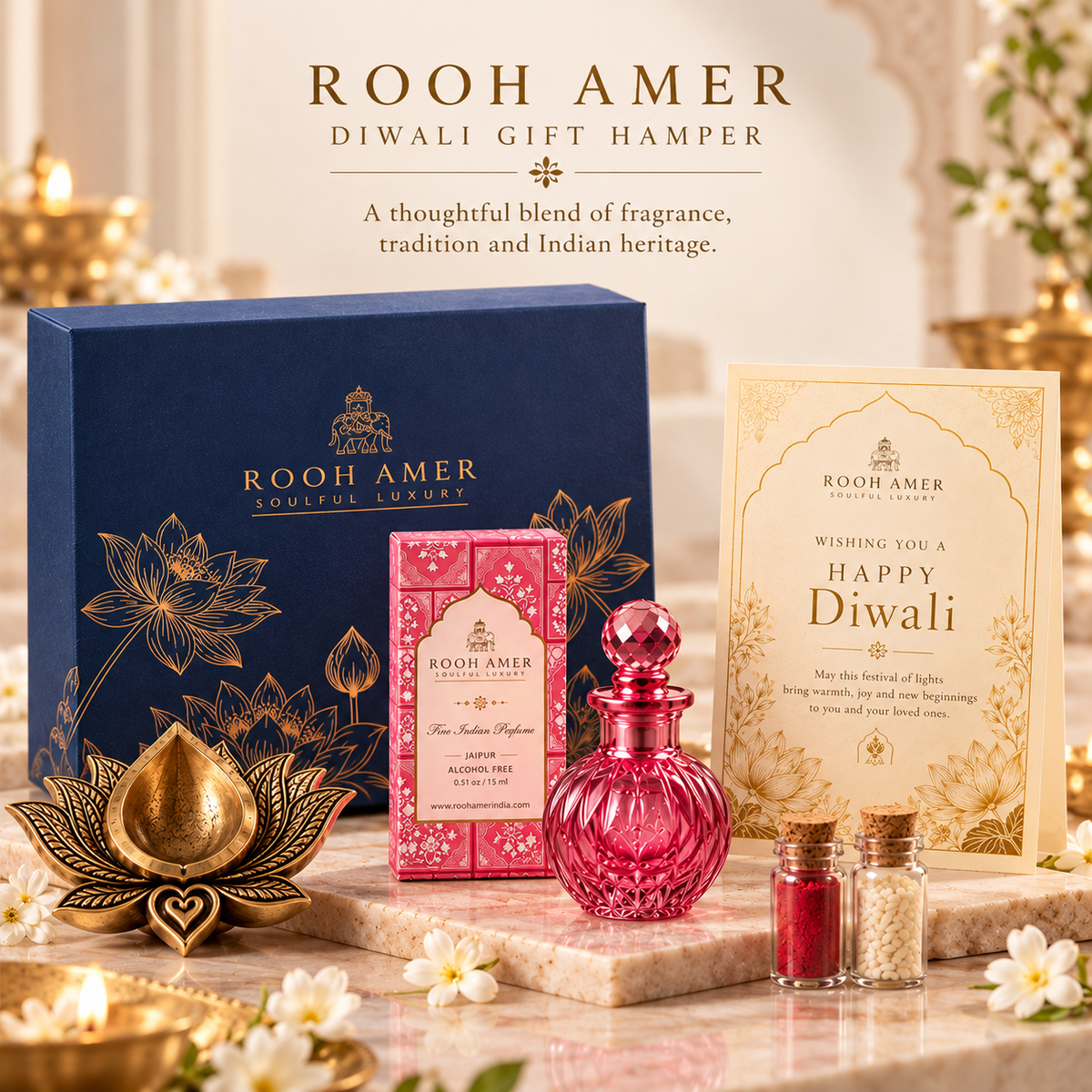 Shubh Deep Diwali Gift Hamper with Fine Indian Perfume & Brass Lotus Diya | Rooh Amer