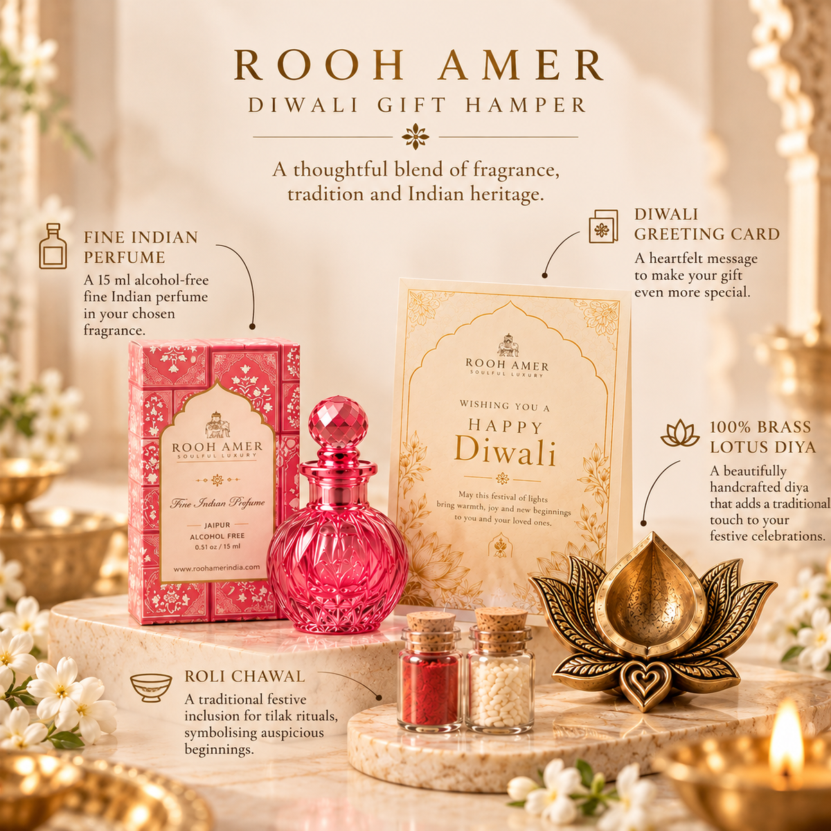 Shubh Deep Diwali Gift Hamper with Fine Indian Perfume & Brass Lotus Diya | Rooh Amer