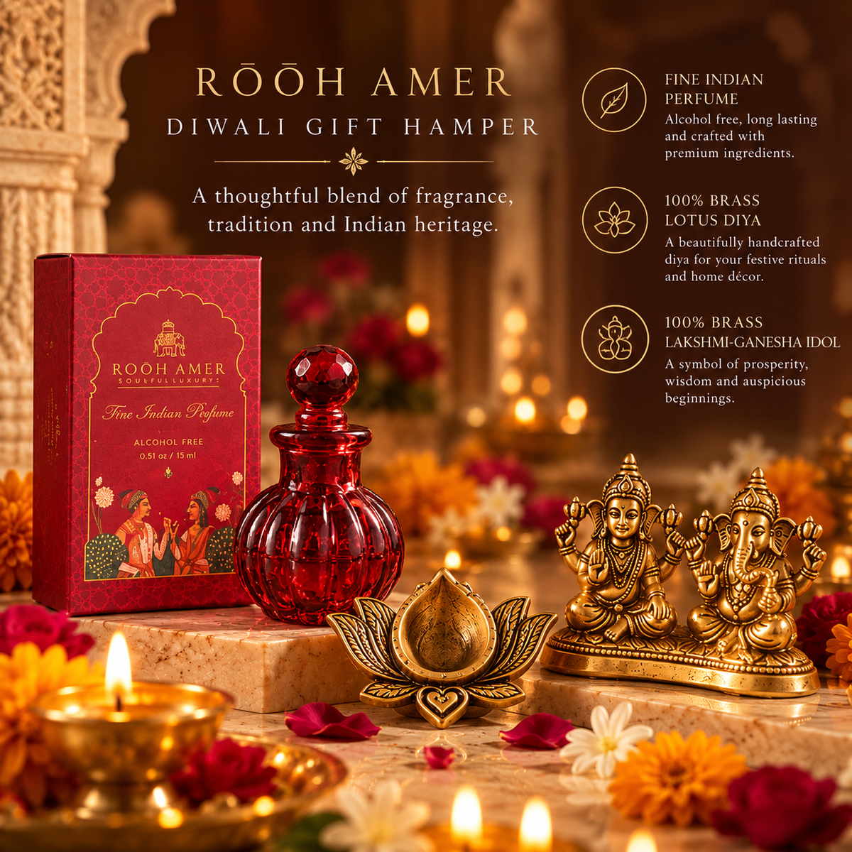 Shubh Luxury Diwali Gift Hamper with Fine Indian Perfume & 100% Brass Diya | Rooh Amer