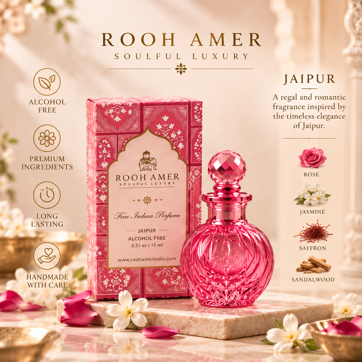 Shubh Deep Diwali Gift Hamper with Fine Indian Perfume & Brass Lotus Diya | Rooh Amer