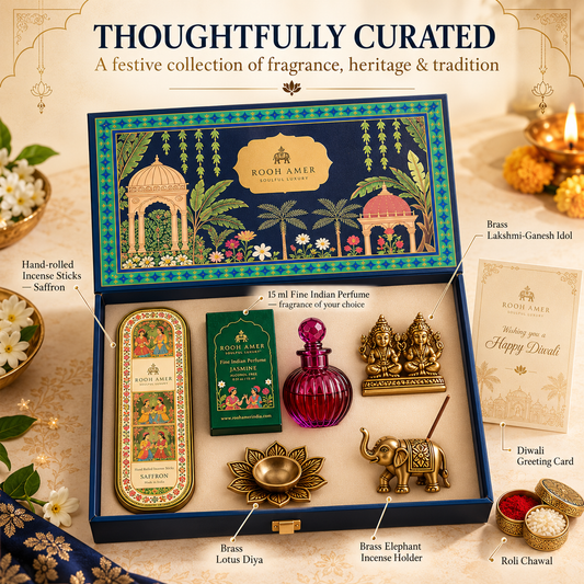 Royal Heritage Diwali Gift Hamper – Fine Indian Perfume, Incense & Brass Décor | Rooh Amer