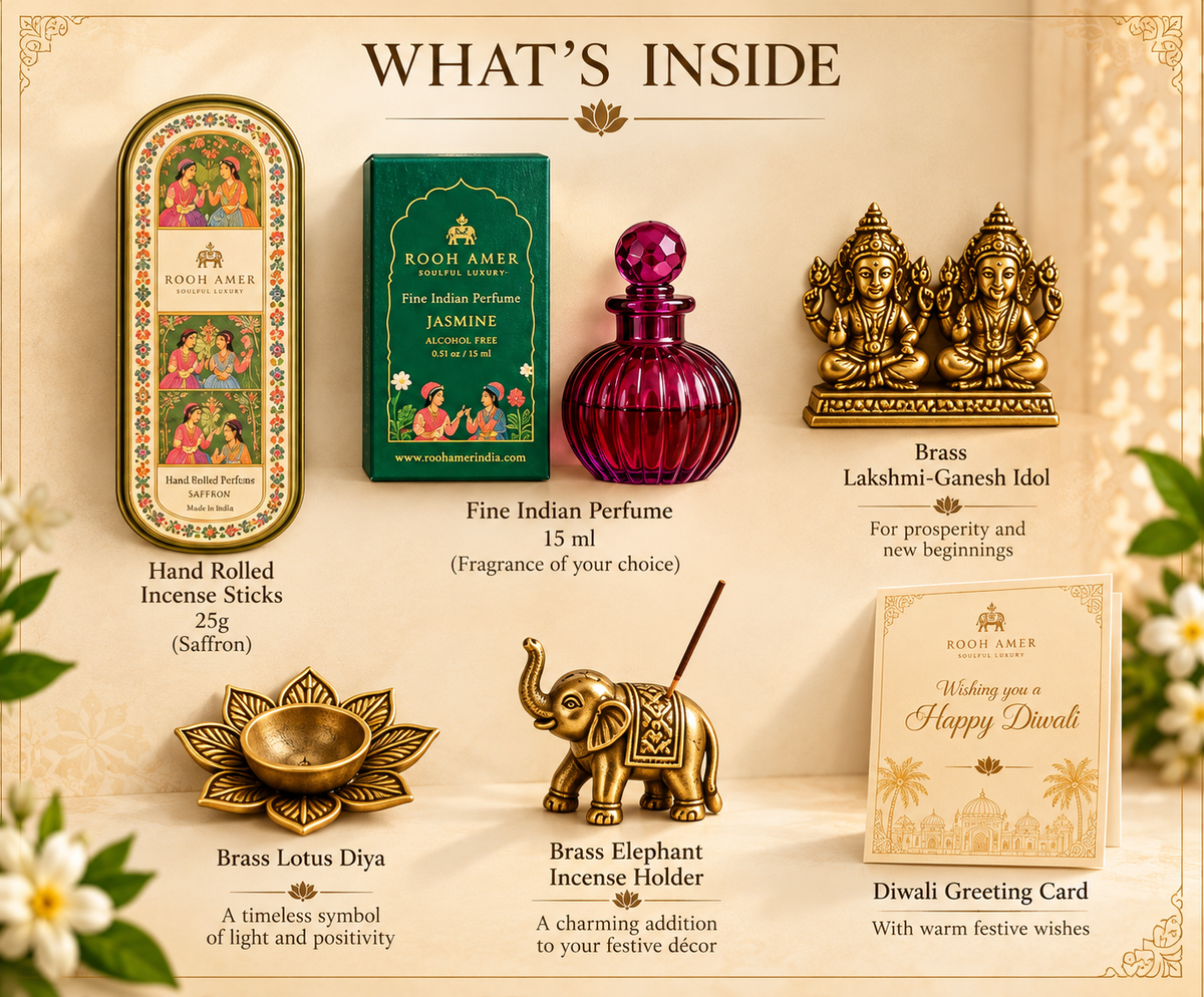 Royal Heritage Diwali Gift Hamper – Fine Indian Perfume, Incense & Brass Décor | Rooh Amer