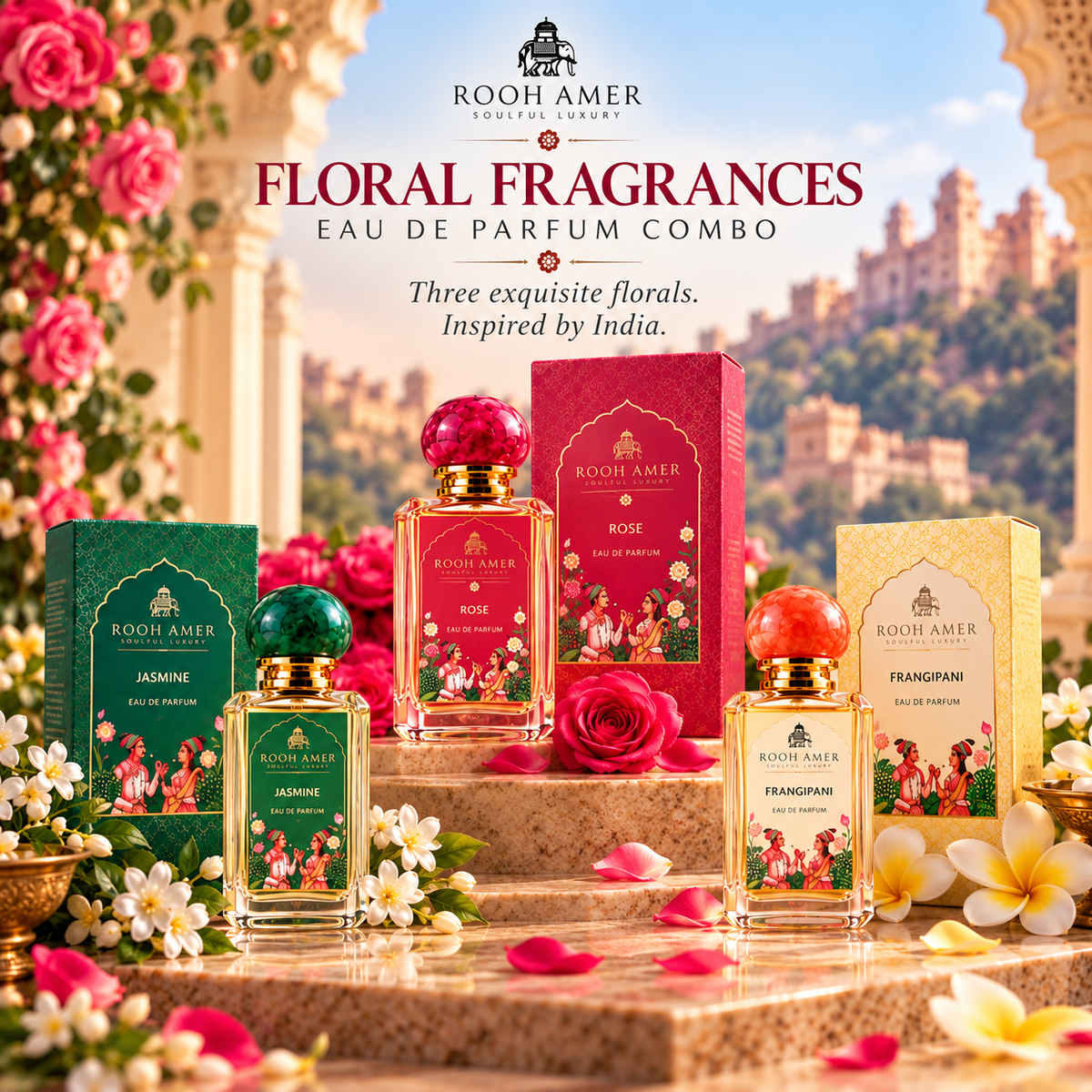 Floral Fragrances combo Set – Rose, Jasmine & Frangipani eau de parfum  | Rooh Amer