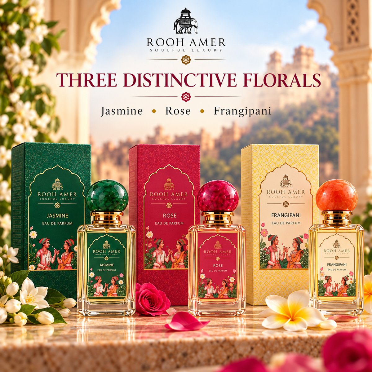 Floral Fragrances combo Set – Rose, Jasmine & Frangipani eau de parfum  | Rooh Amer