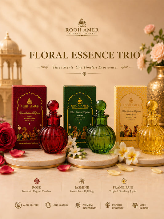 Floral Essence Trio Perfume Gift Set | Rose, Jasmine & Frangipani | Alcohol-Free Fine Indian Perfumes | Rooh Amer