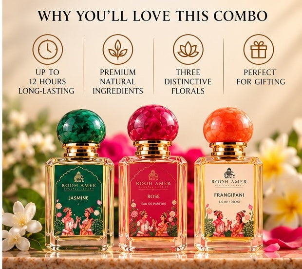 Floral Fragrances combo Set – Rose, Jasmine & Frangipani eau de parfum  | Rooh Amer