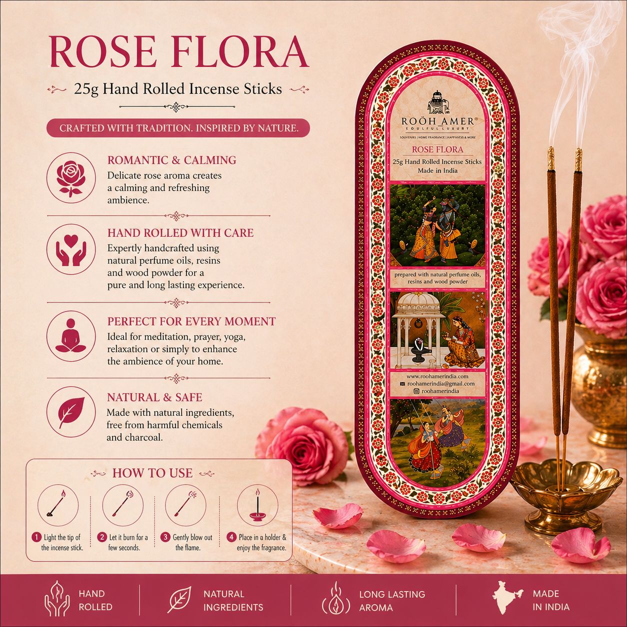 Rose flora Incense Sticks  -25g | Rooh Amer